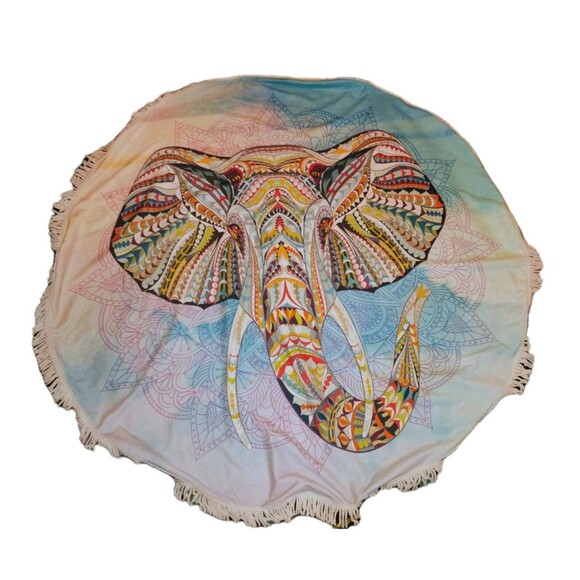 HUGE Prissy Jane Round Elephant Beach Towel 5 FEET ACROSS Psychedelic Elephant - Picture 1 of 6
